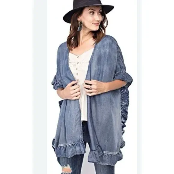 Canvas Washed Denim Ruffle Open Cardigan Size L boho western - Picture 7 of 8